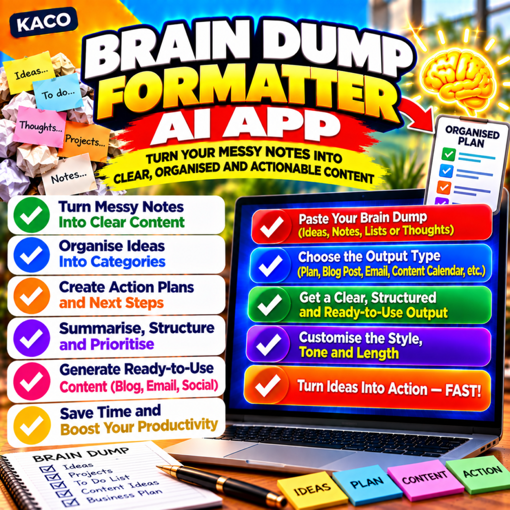 KACO Brain Dump Formatter AI App - turn voice notes and messy thoughts into clean emails and briefs
