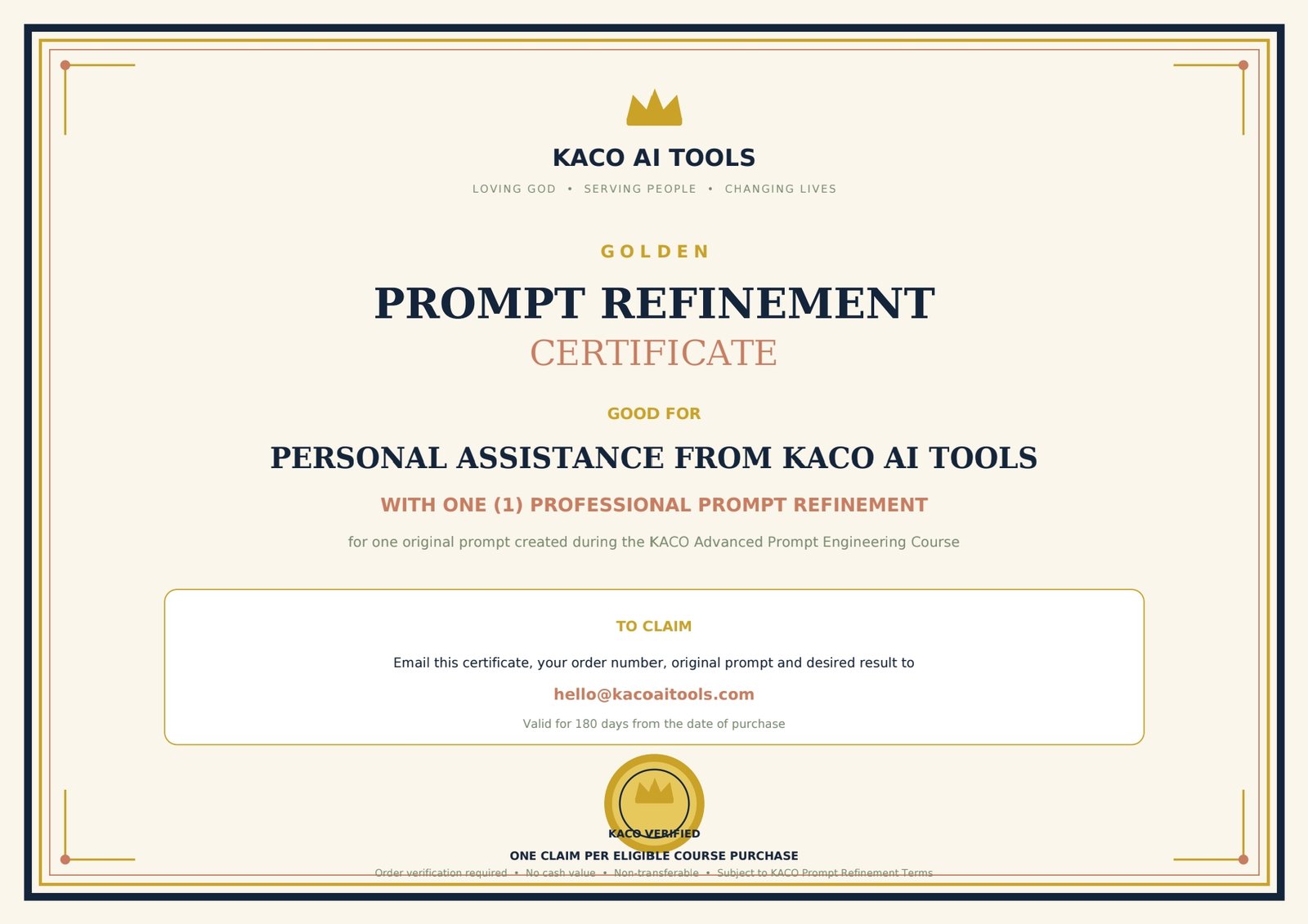 KACO Golden Prompt Refinement Certificate included with the Complete Prompt Engineering Bundle