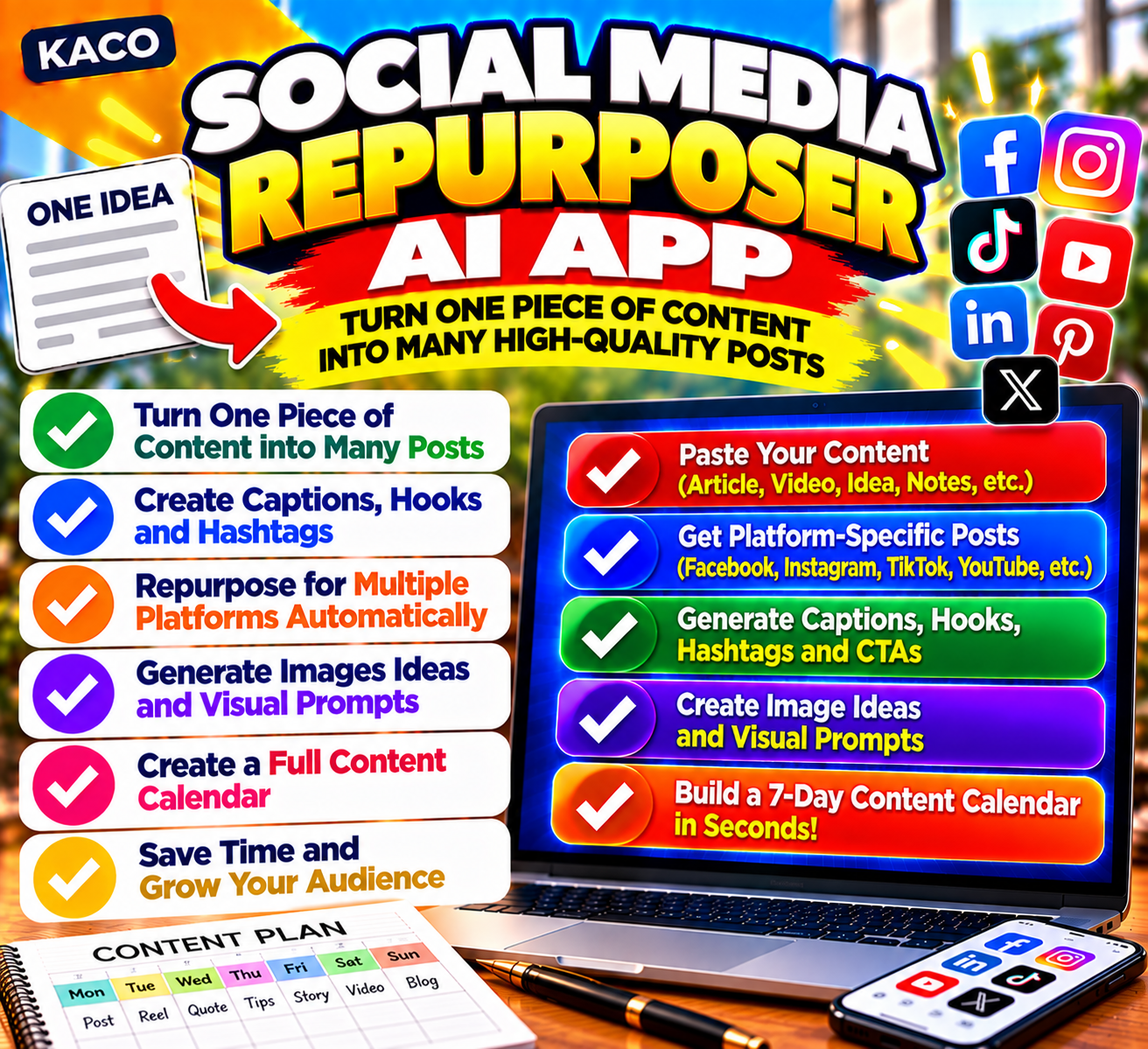 KACO Social Media Repurposer AI App - turn transcripts into post-ready content
