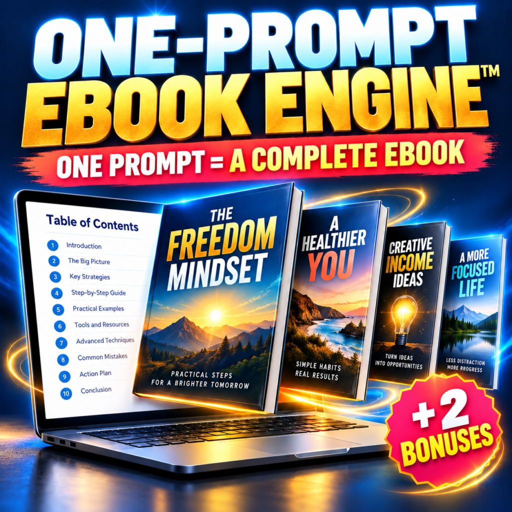 One-Prompt Ebook Engine product image with one prompt equals a complete ebook and two bonuses