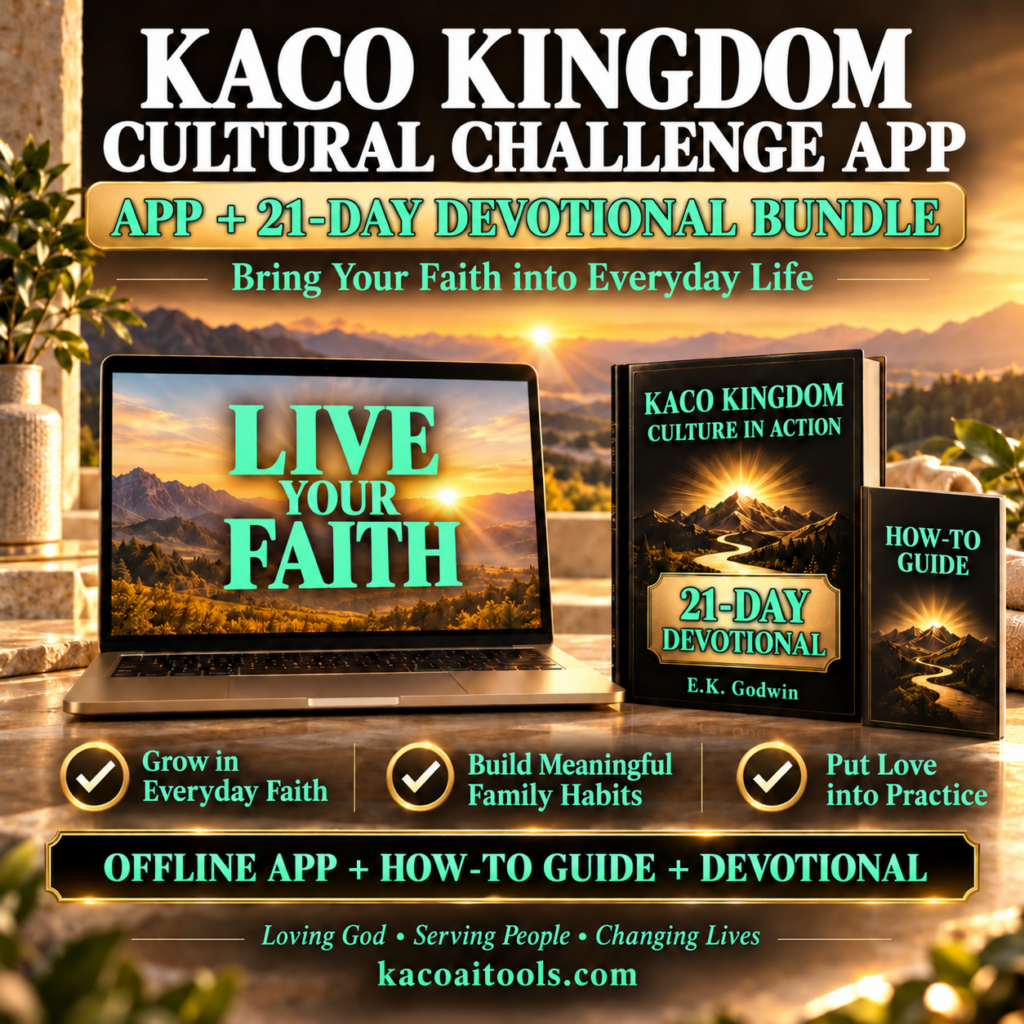 KACO Kingdom Cultural Challenge App with Culture in Action 21-Day Devotional and How-To Guide, featuring white titles and mint green text.