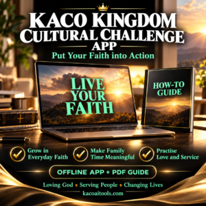 KACO Kingdom Cultural Challenge offline app and How-To Guide, featuring white titles and mint green text.