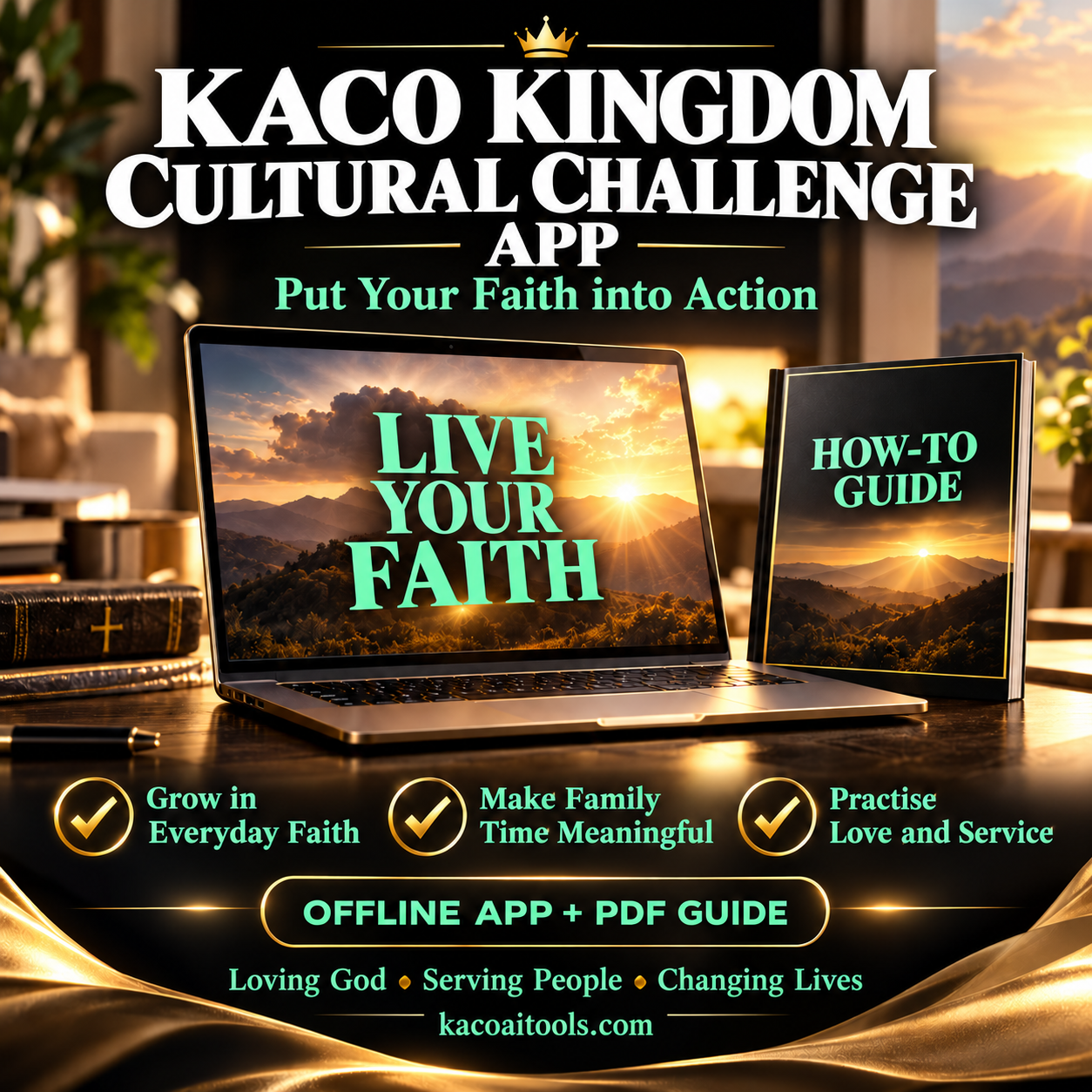 KACO Kingdom Cultural Challenge offline app and How-To Guide, featuring white titles and mint green text.