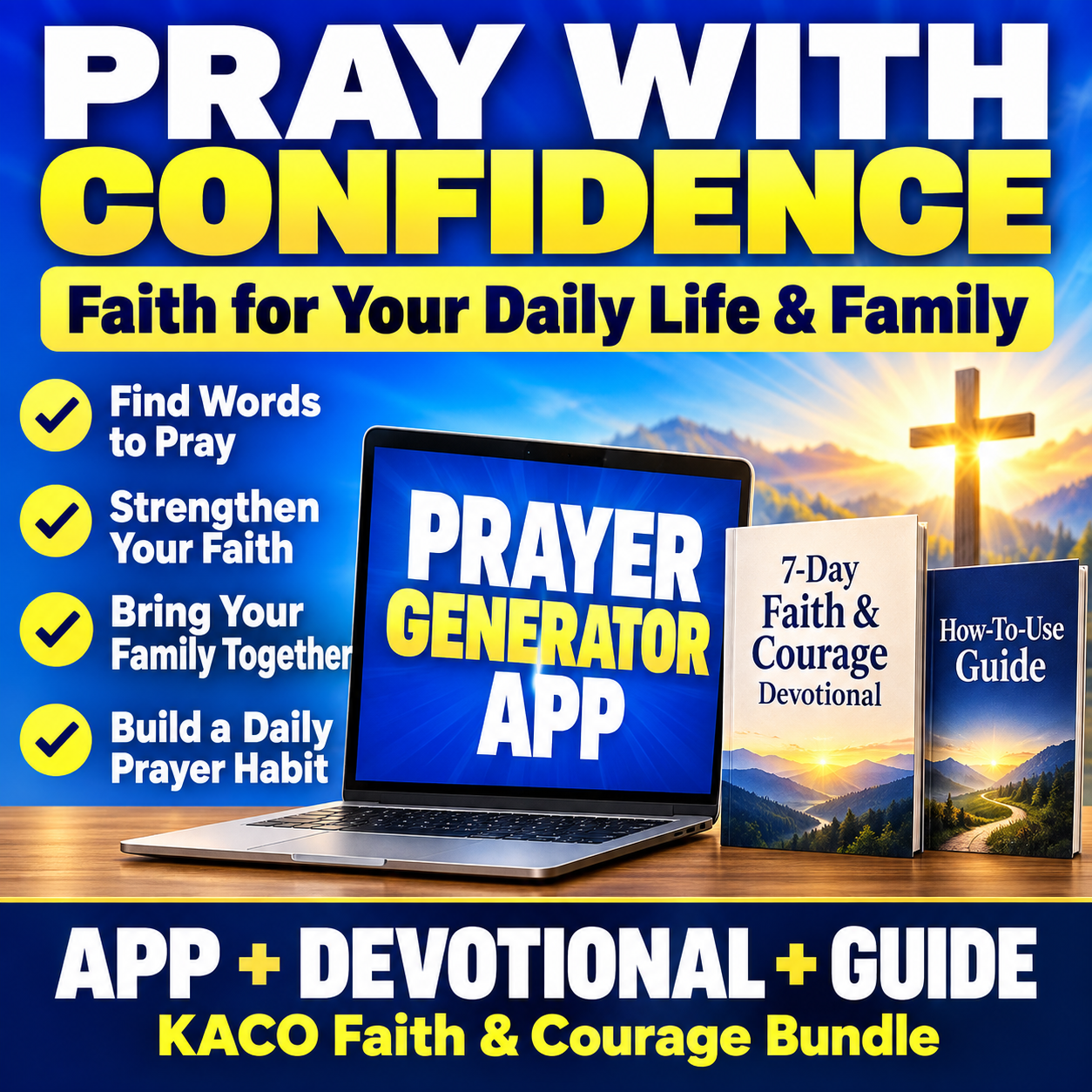 KACO Faith and Courage bundle with Prayer Generator App, 7-Day Devotional and How-To-Use Guide. Pray with confidence for your daily life and family.